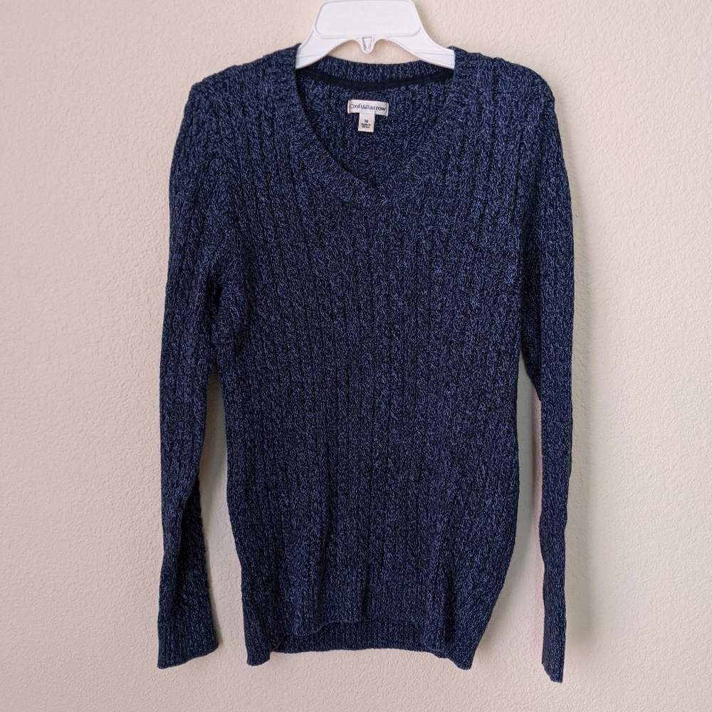Croft & Barrow Cable Knit Sweater V-Neck Long Sleeves Pullover Navy Blue Medium